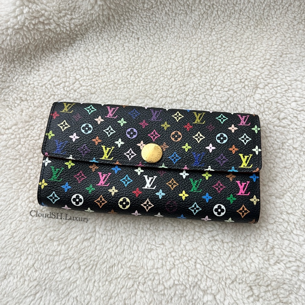 Auth Louis Vuitton Black Multicolor Takashi Murakami Sarah Wallet w/ Gold Hdw
